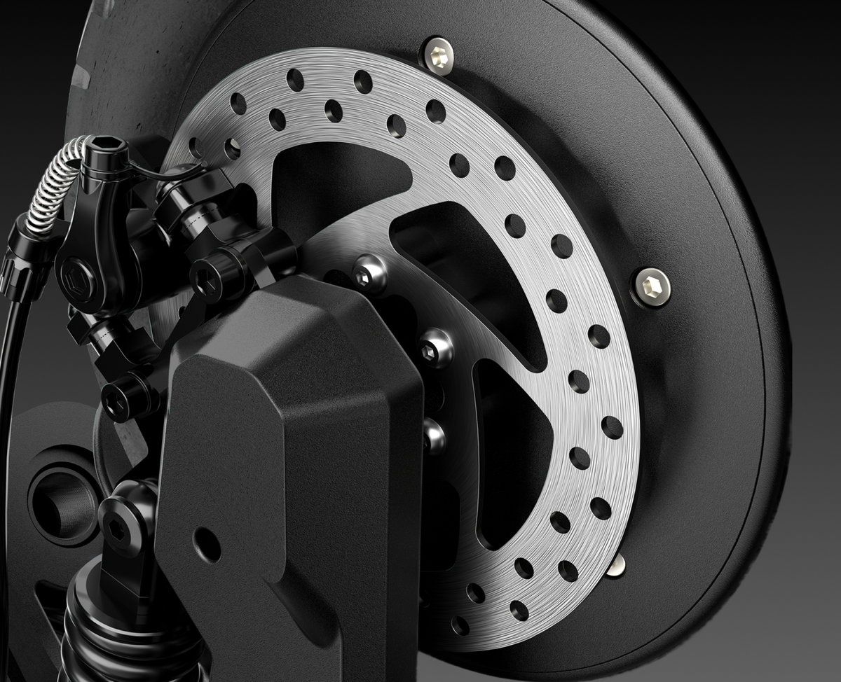 Front hydraulic brake close-up