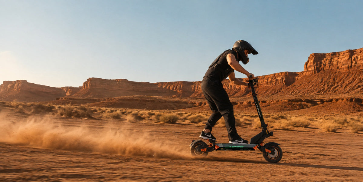 Electric scooter riding through the desert